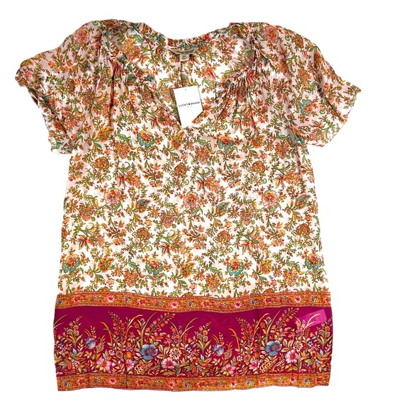 Lucky Brand NWT Sz XS Floral Border Blouse Sheer Multicolor Short Sleeve Top - Picture 3 of 9